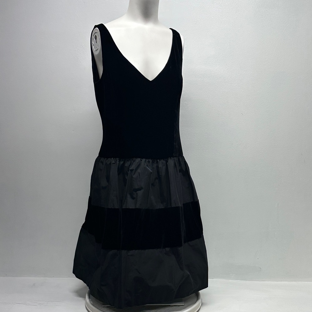 Ralph Lauren Dress Midi Velvet Velour V-Neck Striped Silk Sleeveless Black Small